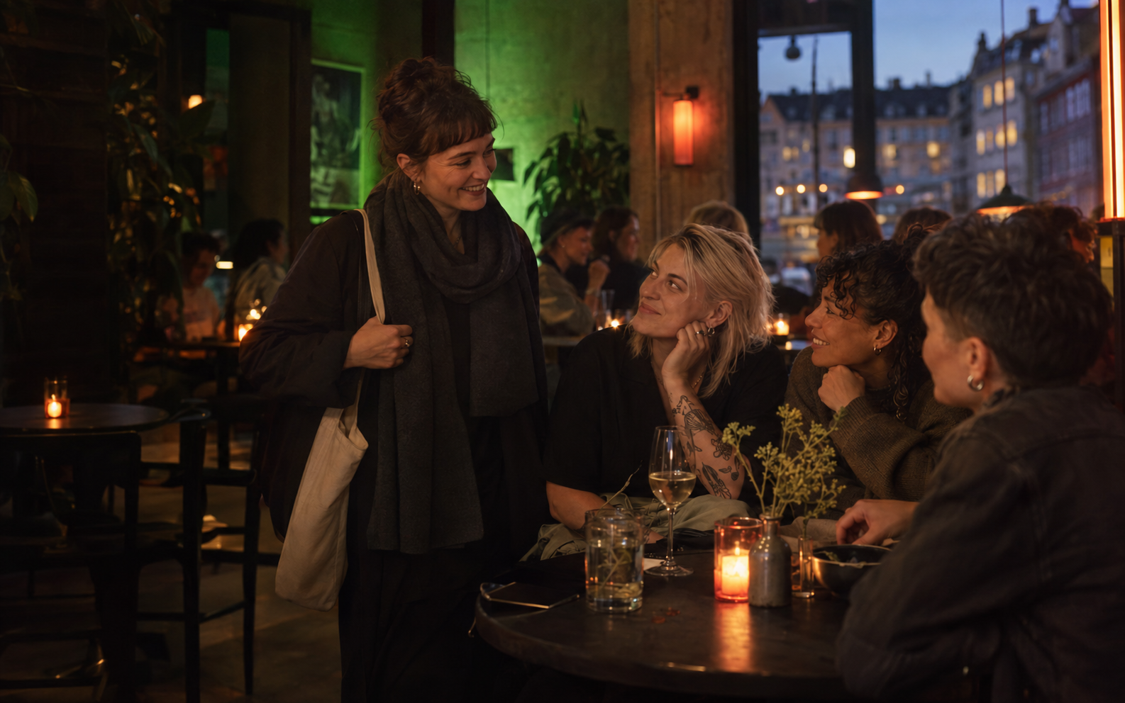 A woman arriving at a table where three women welcome her into their conversation
